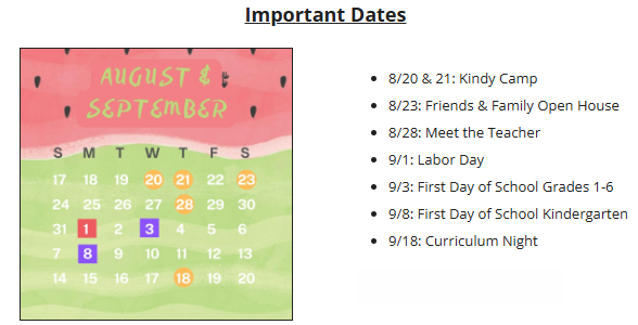 August calendar with highlighted event dates