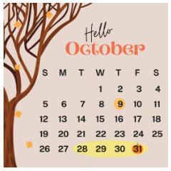 October calendar with dates highlights