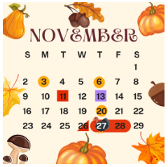 November calendar with dates highlights