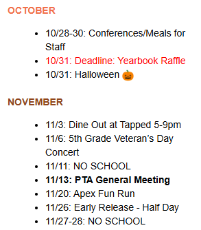 List of important dates for Oct/Nov 2025