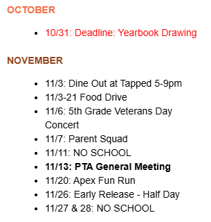 List of important dates for November
