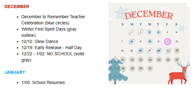 December calendar highlighting event dates