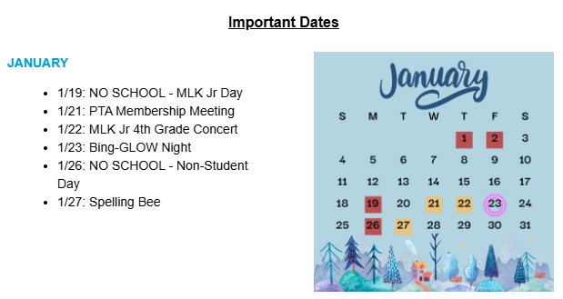 january calendar and list of events
