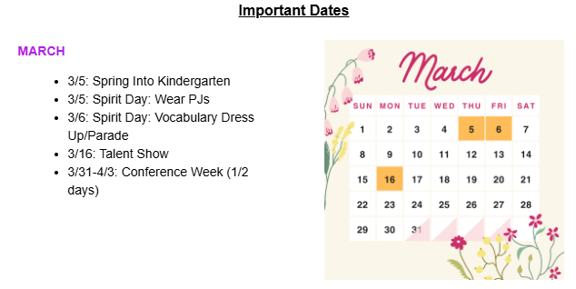 march calendar and list of important dates