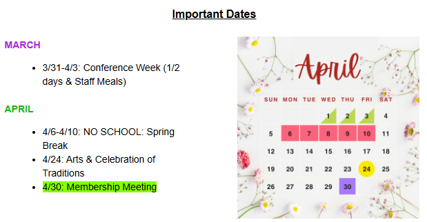 april calendar and list of important dates