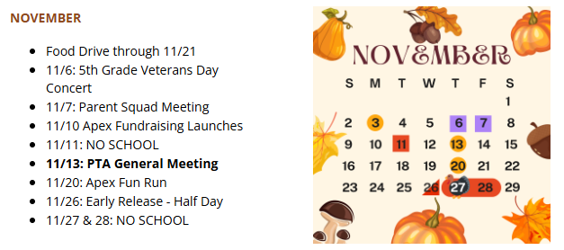 November calendar and list of important dates