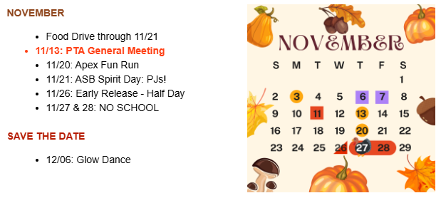 November calendar and list of important dates