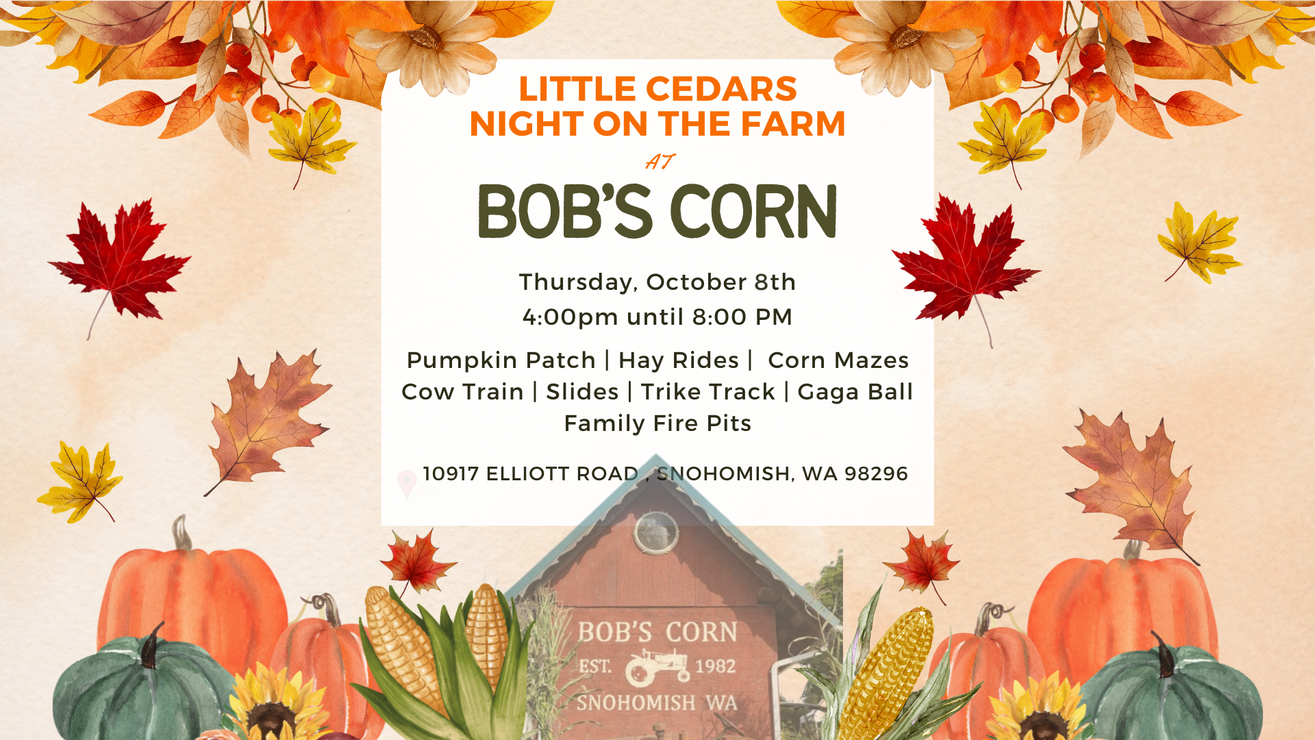 Night on the Farm banner with pumpkins and fall leaves
