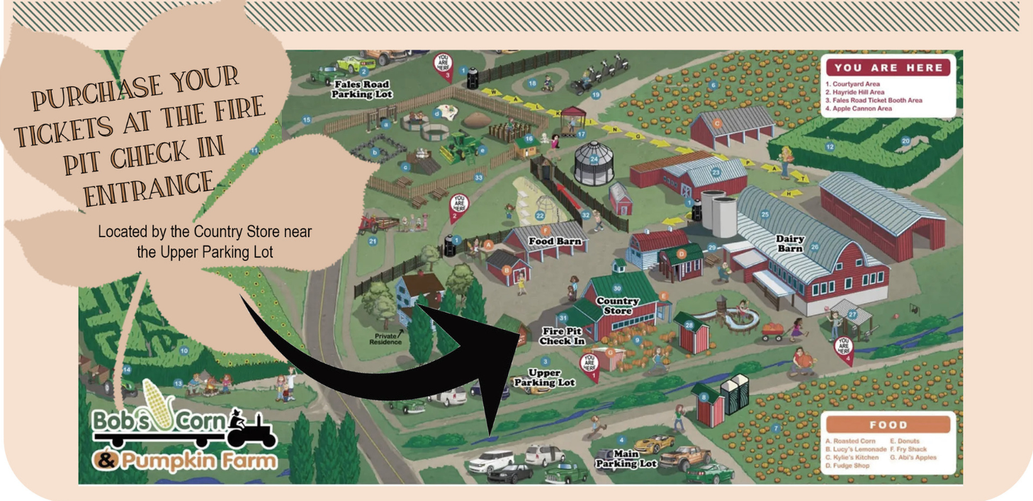 map of bob's farm saying to purchase tickets at the fire pit check-in entrance