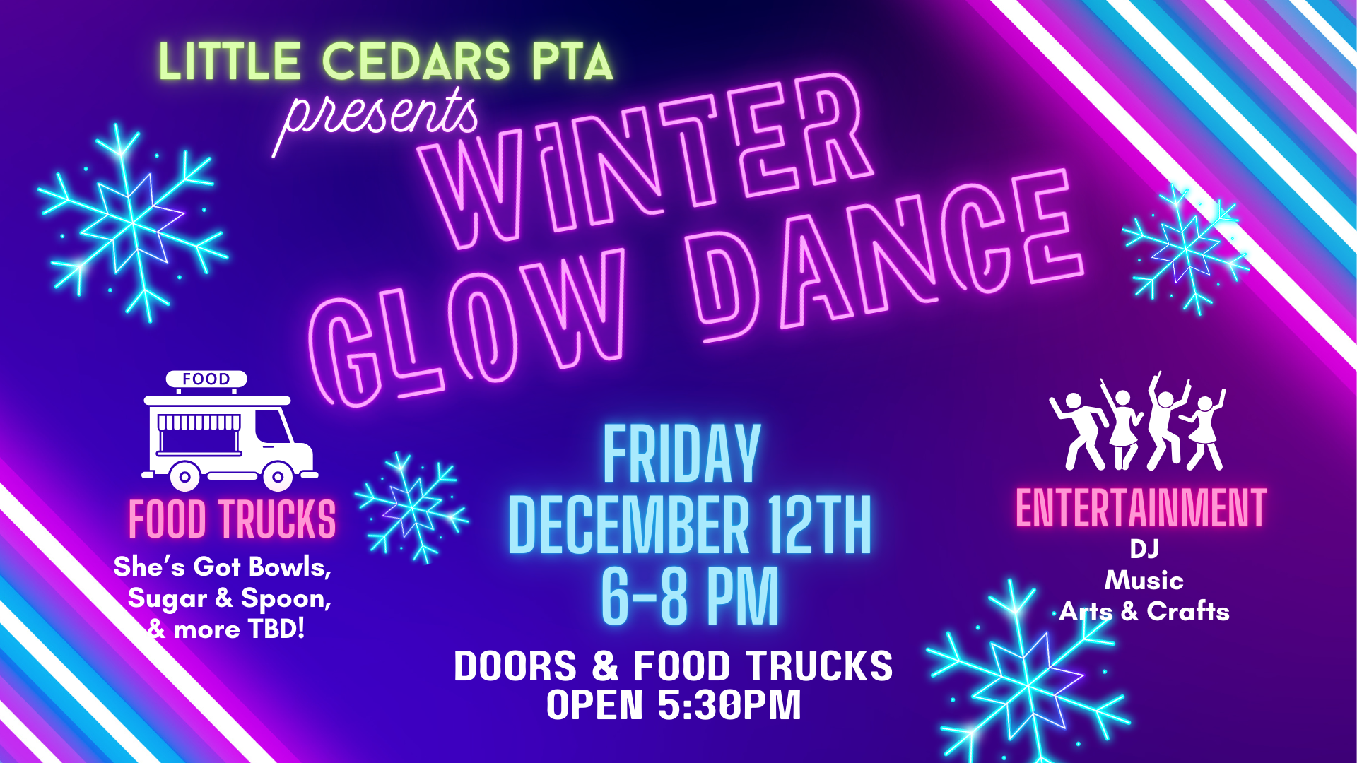 Glow dance ad with neon stripes and snowflakes, food truck and dancing people