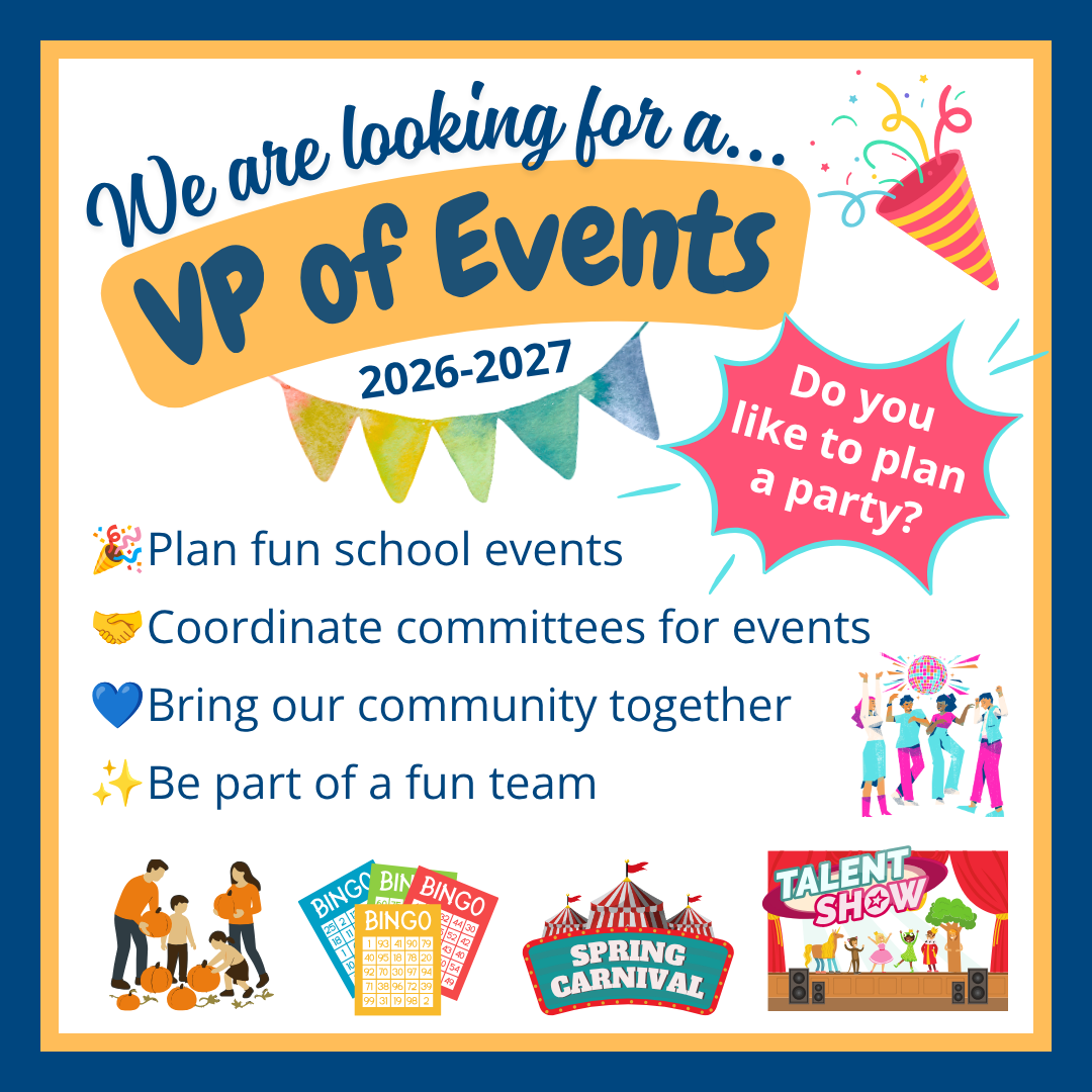 ad for VP of Events with images of pumpkin patch, bingo, carnival, talent show and people dancing
