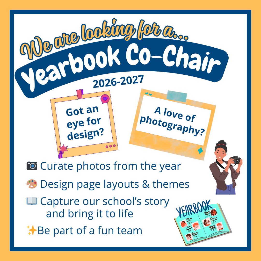 ad for Yearbook Co-Chair with images of photos, a photographer, yearbook